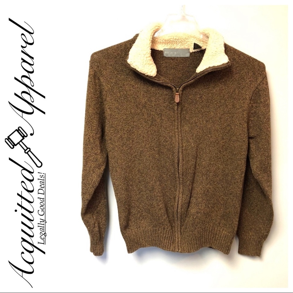 Oscar De La Renta Sherpa Neck FZip Brown Sweater